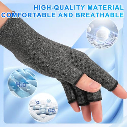 DRNAIETY 2-Pair Arthritis Compression Gloves for Hand Arthritis, Fingerless - color: Grey, size: Large
