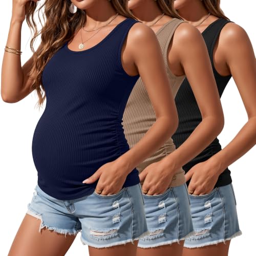 Riyiper 3 Pack Women's Maternity Tank Tops - color: Black, Light Brown, Navy Blue, size: Large