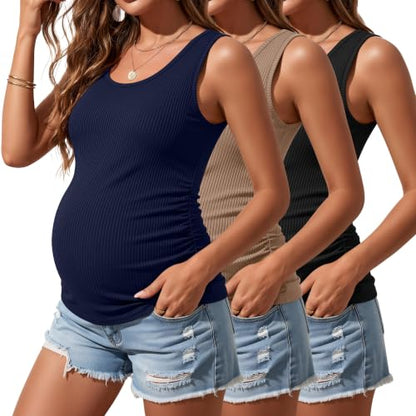 Riyiper 3 Pack Women's Maternity Tank Tops - color: Black, Light Brown, Navy Blue, size: Small