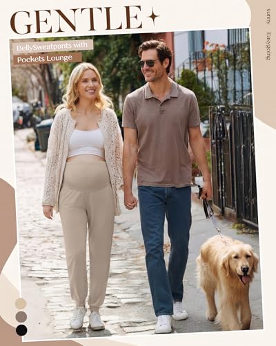 3 Pack Women's Maternity Pants Pregnancy Joggers - color: Apricot, Light Brown, Black, size: Large