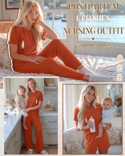 3 Piece Postpartum Nursing Pajamas Set Nursing Lounge Set - color: Orange, size: Large