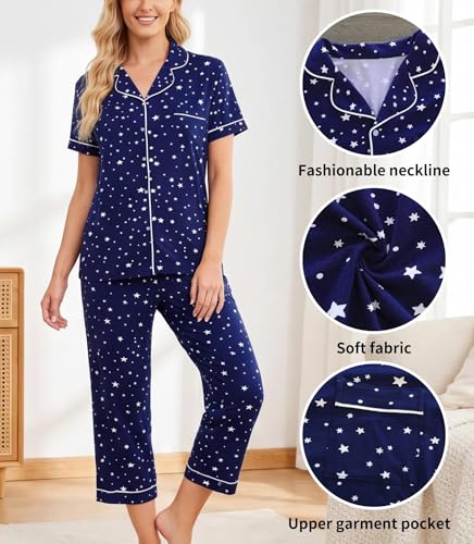 ENJOYNIGHT Womens Pajama Set Capri Short Sleeve Button Down Pj with Pocket - color: Navy Star, size: Medium