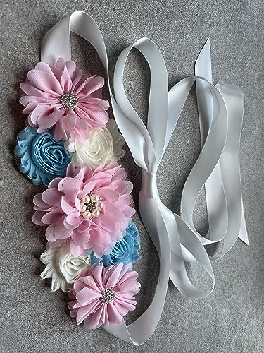 Flowers for Sashes Maternity Pregnancy Sash Belt for Baby Shower Wedding Bride - color: Pink Blue