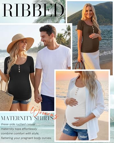 4 Pack Womens Short Sleeve Maternity Shirts - color: Khaki, Coffee, Light Heather Gray, Black, size: Medium