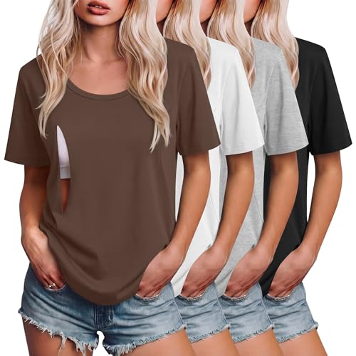 Ficerd 4 Pack Women's Maternity Nursing Shirts - color: Brown, White, Light Gray, Black, size: XX-Large