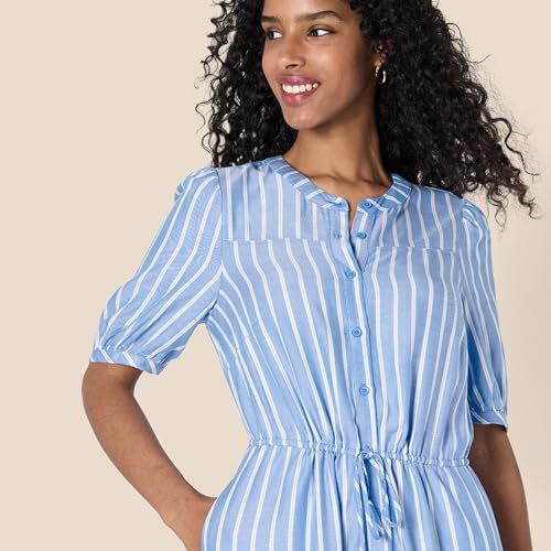 Amazon Essentials Women's Relaxed Fit Half-Sleeve Breathable Button Front Drawstring Waist Midi A-Line Dress with Pockets - color: French Blue/White Stripe, size: Large