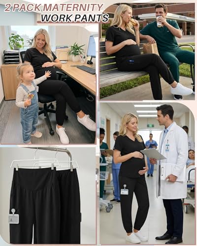 Oakgarden 2 Pack Women's Maternity Scrub Pants Pregnancy Scrubs - color: Black, Black, size: Small
