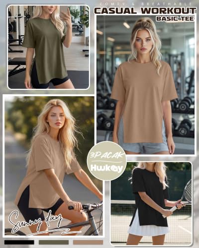 Huukeay 3 Pack Women's Oversized T Shirts Workout Tops - color: Black, Army Green, Coffee, size: Small