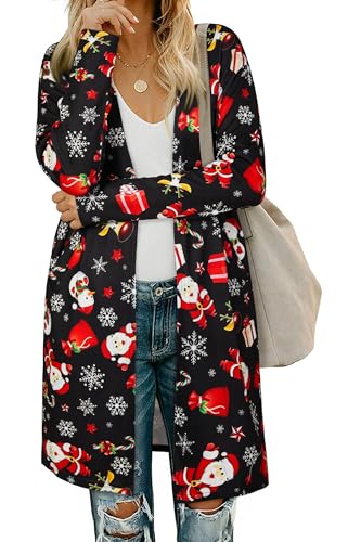 OUGES Women's Open Front Cardigan Shirt with Pockets Long Sleeve Lightweight Coat - color: Black-christmas Santa Claus, size: Large