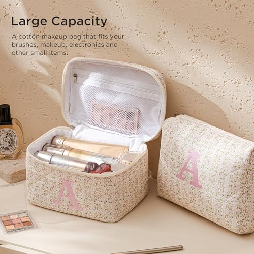 HBselect 2Pcs Initial Makeup Bag Personalized Quilted Cosmetic Bag - color: 2Pcs Pinkflower, style: K