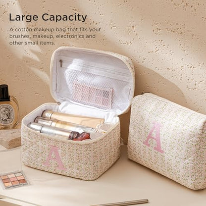 HBselect 2Pcs Initial Makeup Bag Personalized Quilted Cosmetic Bag - color: 2Pcs Pinkflower, style: B