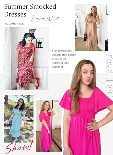 AUSELILY Women's Summer Smocked Short Sleeve Midi Dress 2026 - color: Light Pink, size: Medium
