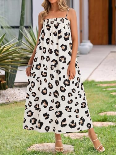 Wenrine Womens Polka Dot Maxi Dress Spaghetti Strap Long Summer Dresses - color: White&black, size: Medium