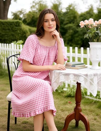 Flygo Womens Gingham Nightgown Cotton Pullover House Dress with Pockets - color: Pink, size: X-Large