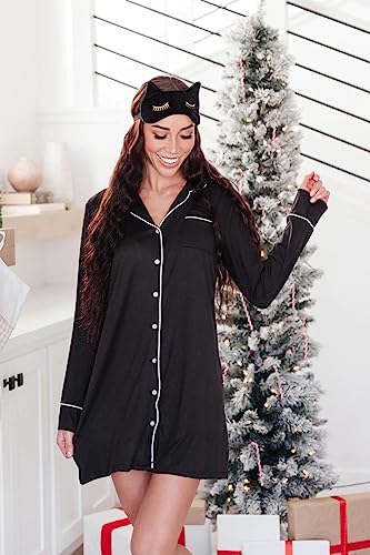 Cherrydew Women's Bamboo Viscose Cooling Long Sleeve Button Front Nightgown - color: Black, size: XX-Large