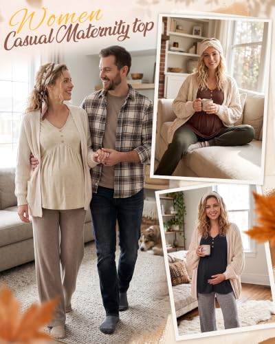 Cutecrop 3 Pack Maternity Long Sleeve V Neck Shirt - color: Black, Brown, Apricot, size: Medium
