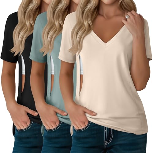 3 Pack Women's Nursing Tops Breastfeeding Shirts - color: Black, Gray Green, Apricot, size: Large