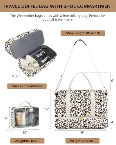 Travel Weekender Duffle Bag for Women: Overnight Bags with Shoe Compartment - color: Leopard Print, size: Large