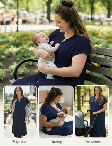 PATPAT Maternity Nursing Dress, Womens Button-Down Midi Dress with Pockets - color: Navy Blue, size: Large