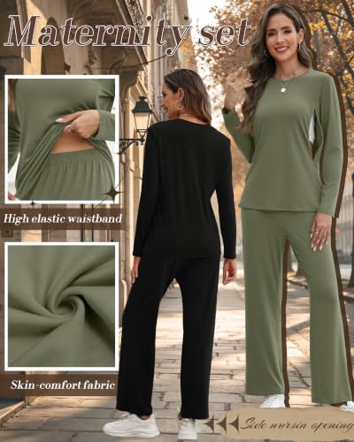 2 Pack Maternity Nursing Pajamas Postpartum Sets - color: Army Green, Black, size: Large