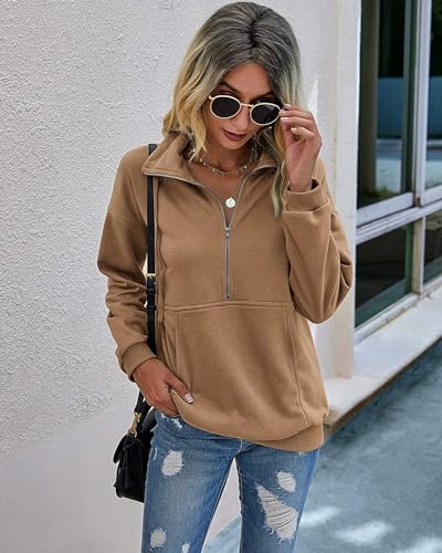 PRETTYGARDEN Women's Casual Long Sleeve Sweatshirt Half Zip Pullover Tops - color: Coffee, size: Small