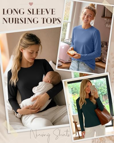 3 Pack Women's Nursing Tops Breastfeeding Shirts Fall - color: Black, Dark Green, Haze Blue, size: Large