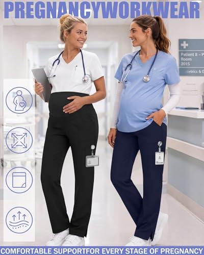 2 Pack Womens Maternity Pants Scrub with 6 Pockets - color: Black, Navy, size: Small