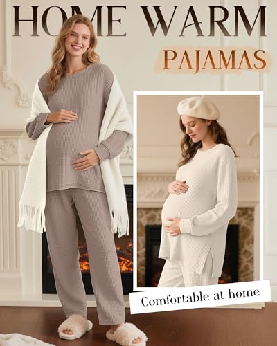 3 Pack Women's Maternity Waffle Knit Shirts - color: Apricot, Khaki, Brown, size: Medium