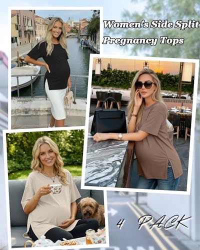 Riyiper 4 Pack Women's Short Sleeve Maternity T Shirts - color: Black, Coffee, Khaki, Cream, size: X-Large