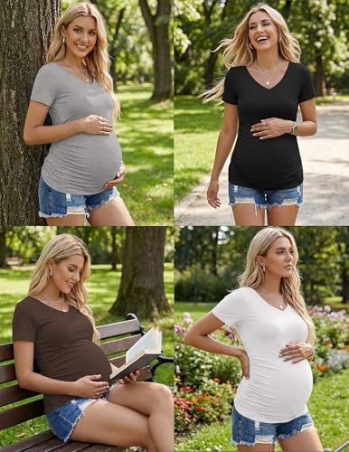 Ekouaer Maternity Shirts 4 Pack V Neck Pregnancy Clothes Summer Tops Tshirt - color: Black/Brown/Grey/White, size: Medium