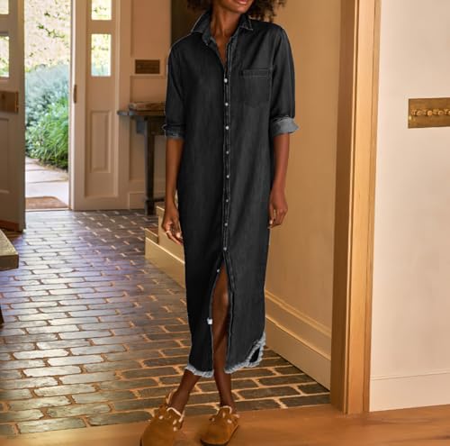 chouyatou Women's Spring Long Sleeve Button Down Denim Shirt Dress Lapel Distressed Midi Long Jean Shift Dress - color: Black, size: X-Small
