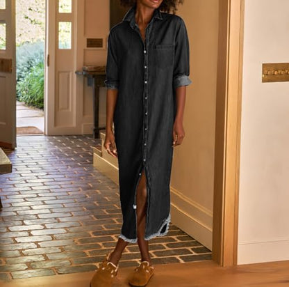 chouyatou Women's Spring Long Sleeve Button Down Denim Shirt Dress Lapel Distressed Midi Long Jean Shift Dress - color: Black, size: X-Small