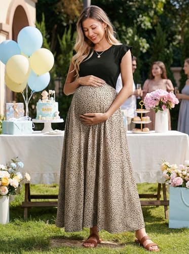 OUGES Women's Ruffle Sleeve Patchwork Maternity Maxi Dress with Pockets - color: Khaki Leopard, size: X-Large