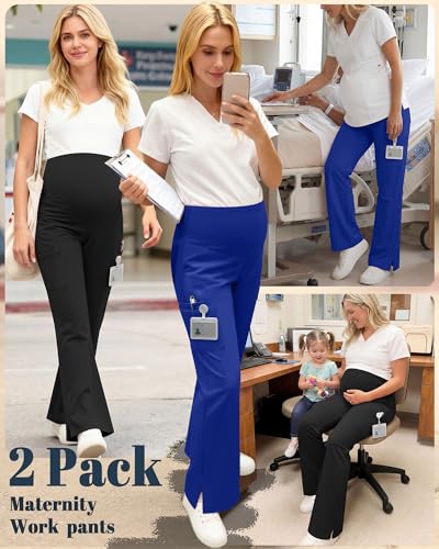 2 Pack Women's Maternity Wide Leg Cargo Scrub Pants - color: Royal Blue, Black, size: Large