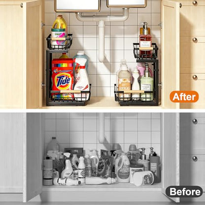 REALINN Under Sink Organizer, Adjustable 2 Tier Pull Out Kitchen Bathroom - color: Black, size: 1 Pack