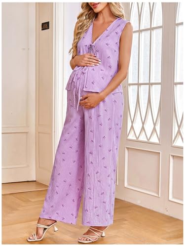 MakeMeChic Women's Maternity Summer 2 Piece Outfits Pregnancy Boho Vacation Striped Bow Top and Pants Set - color: Purple, size: Medium