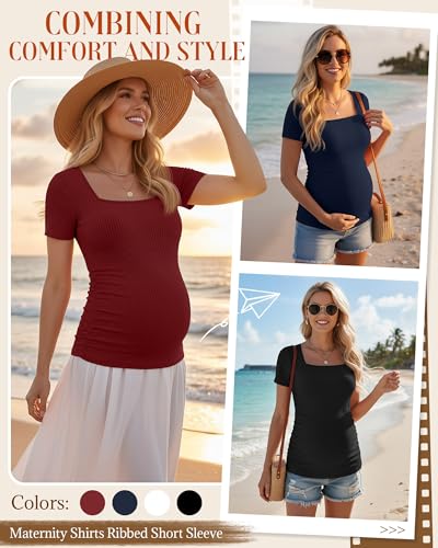 Huukeay 4 Pack Women's Short Sleeve Maternity Shirts - color: Black, White, Navy Blue, Wine Red, size: Medium