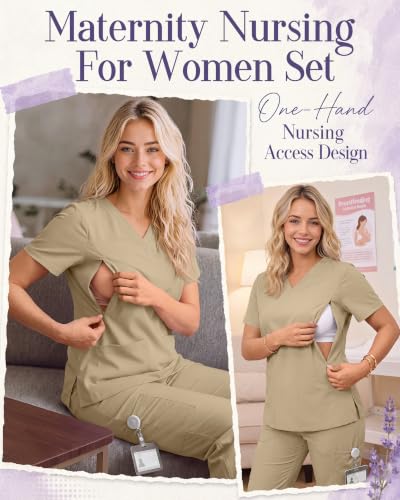 Women's Maternity Scrub Top Pant Set - color: Khaki, size: Medium
