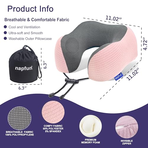 napfun Neck Pillow for Travel, Memory Foam Airplane Pillow, Pink - color: Pink