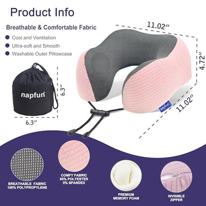 napfun Neck Pillow for Travel, Memory Foam Airplane Pillow, Pink - color: Pink
