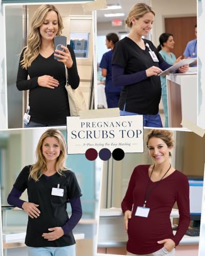 3 Pack Women Maternity Shirts Scrub Tops Side Ruched - color: Black, Navy Blue, Wine Red, size: Medium