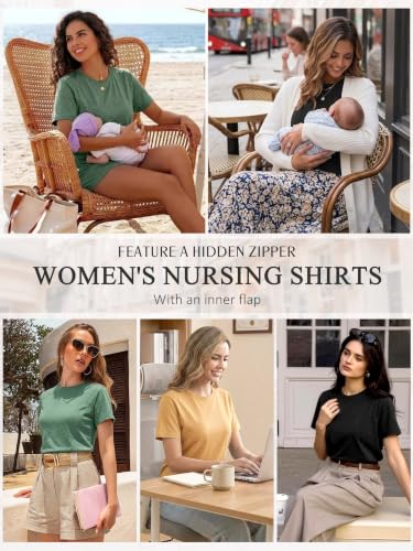 Ecavus 3 Pack Nursing Shirts for Breastfeeding, Hidden Zippers Nursing Tops - color: Black/Heather Green/Yellow, size: Medium
