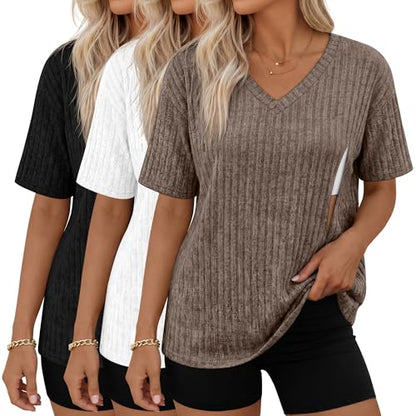 Huukeay 3 Pack Women's V Neck Nursing T-Shirts - color: Light Coffee, White, Black, size: X-Large