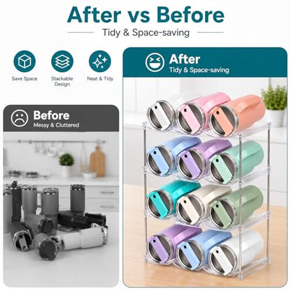 Stackable Water Bottle Organizer for Stanley 40 oz Tumbler, Large Compartment Water Bottle Holder for Cabinet, Clear Tumbler Organizer for Kitchen Countertop Pantry, 3 Pack