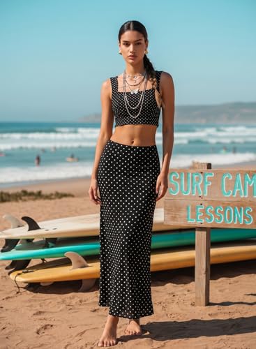 BLENCOT Womens High Waisted Long Mesh Polka Dot Maxi Skirt - color: Black, size: Medium