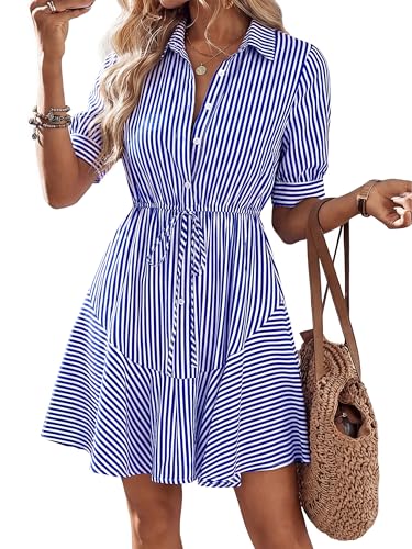MASCOMODA Womens Striped Mini Summer Dress Button Work Dresses - color: Striped Blue, size: Small