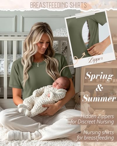 Oakgarden 4 Pack Nursing Breastfeeding Shirts - color: Army Green, Brown, White, Black, size: Medium