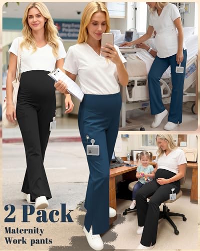 2 Pack Women's Maternity Wide Leg Cargo Scrub Pants - color: Emerald Green, Black, size: X-Large