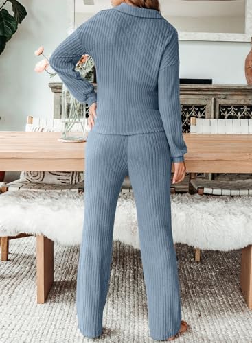 EVALESS Womens Pajama Sets Long Sleeve Sleepwear Matching Drawstring Elastic Pj Pants Ribbed Knit 2 Piece Lounge Set - color: Beau Blue, size: X-Large