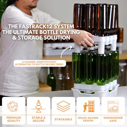 FASTFERMENT - 12-Bottle Drying Rack & Tray| Bottle Drying Tree Alternative | Dry & Store your Wine or Bomber/Belgian Bottles | Stackable | White | Dishwasher Safe | Home Brewing Supplies